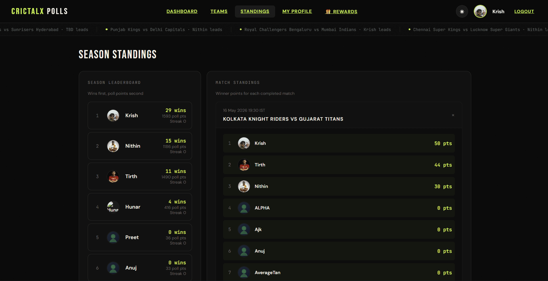 Standings — real-time leaderboard state